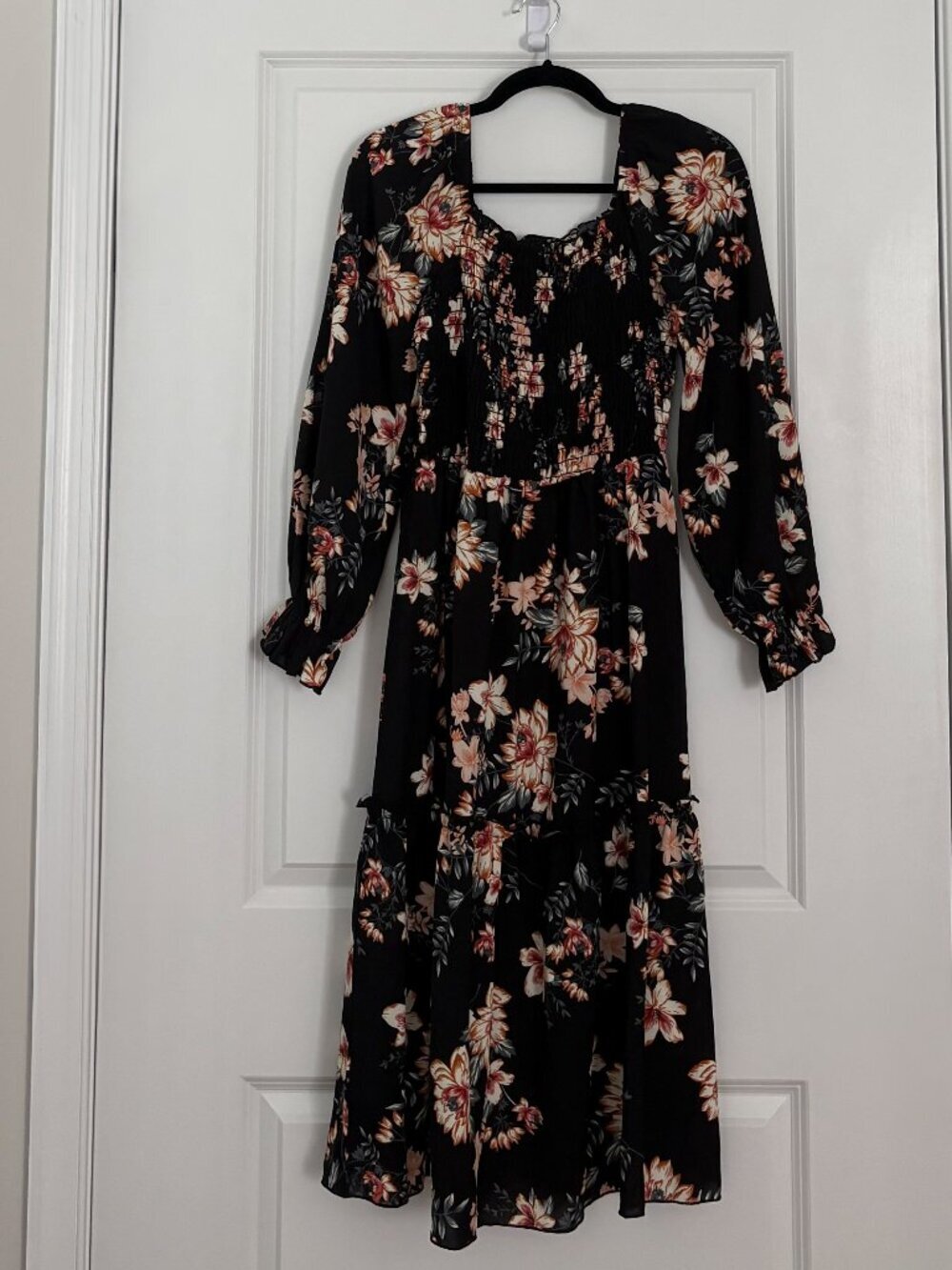 PRETTYGARDEN Fashion Long Sleeve Floral Aline Boho Midi Smocked Dress Size S